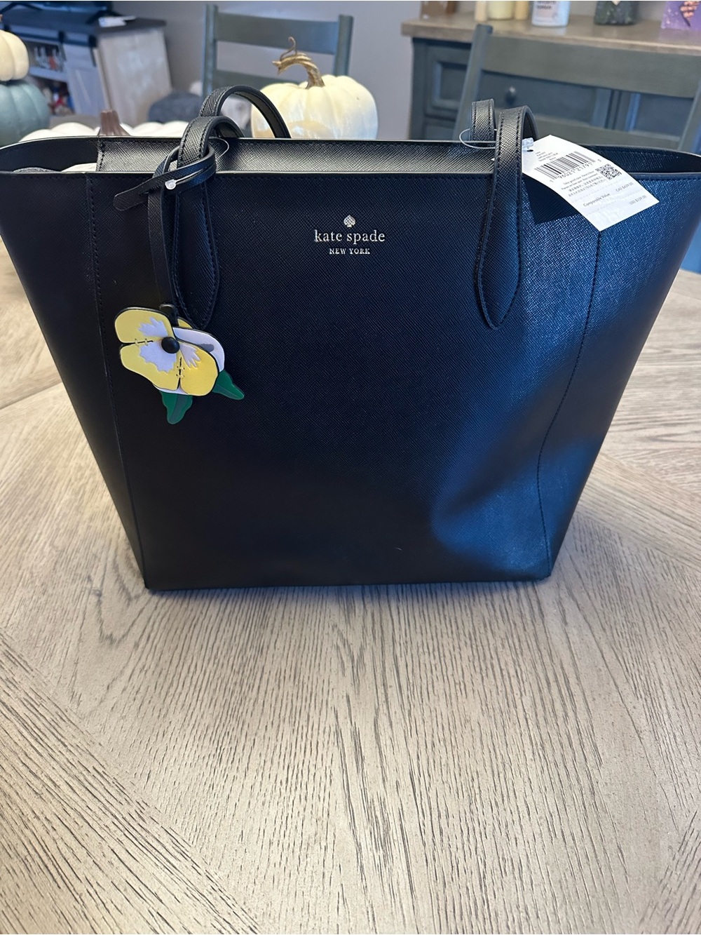 kate spade Black Saffiano Leather Tote with Floral Charm Accent